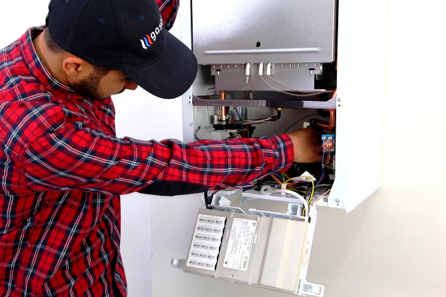 un technicien chauffagiste fait un depannage chauffe eau gaz 